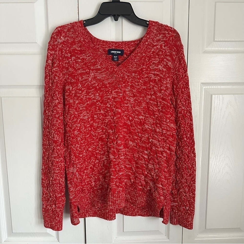 Lands' End Sweater Womens M Petite Red Drifter Cable Knit V Neck Pullover Chunky